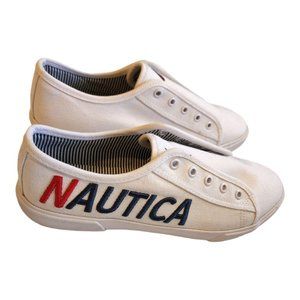 Nautica Women's White Canvas Shoe sz 8 red blue white no laces see pics